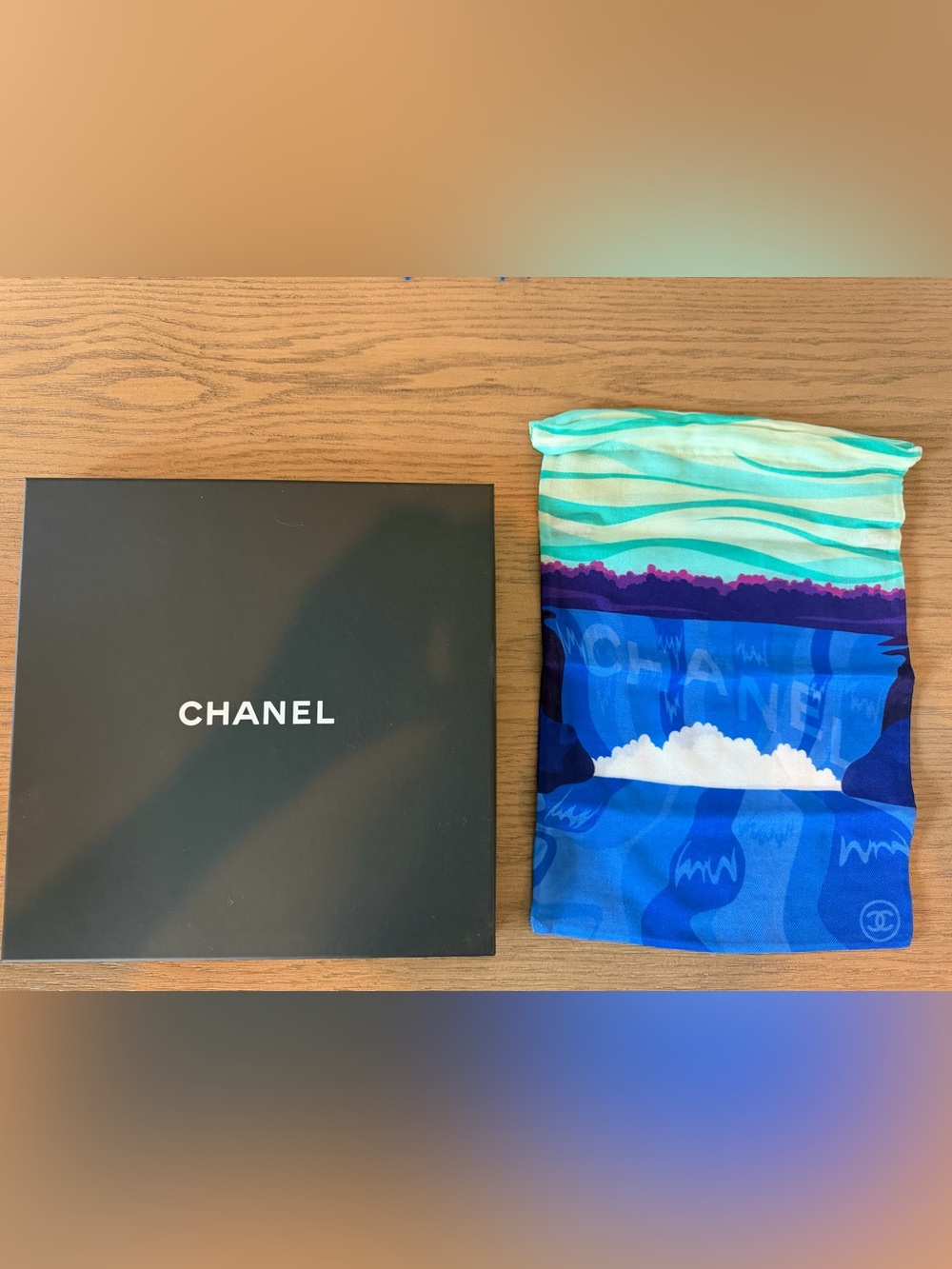 NWT Authentic CHANEL 2018 18S Runway Turquoise Blue Wave Pareo Sarong Scarf - Picture 5 of 9